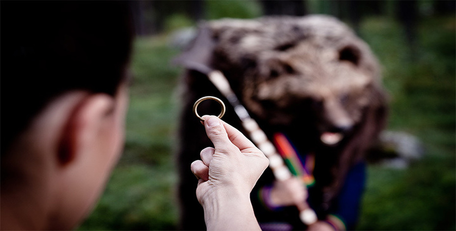 En björn syns genom en mässingring