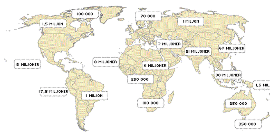 Världskarta med antal urfolk i varje land.